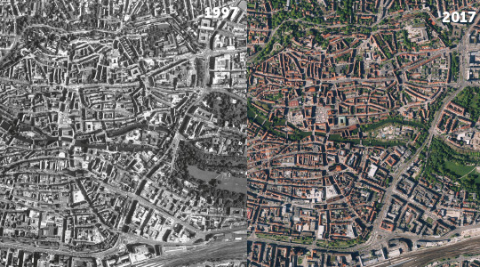 Luftbildansicht von Nürnberg, historische und heutige Ansicht zum Vergleich der Veränderungen nebeneinandergestellt.