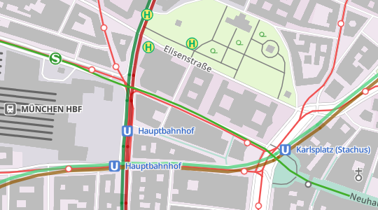 Kartenausschnitt der Webkarte Vektor mit Informationen zum öffentlichen Personennahverkehr in München